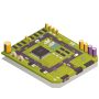 Semiconductor electronic components assembled on circuit board as city buildings streets traffic elements isometric composition vector illustration